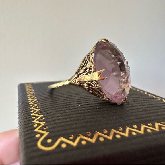 ♥️SOLD 14k yellow gold antique art deco ring filigree size 8 rose de France ame - Picture 3 of 7